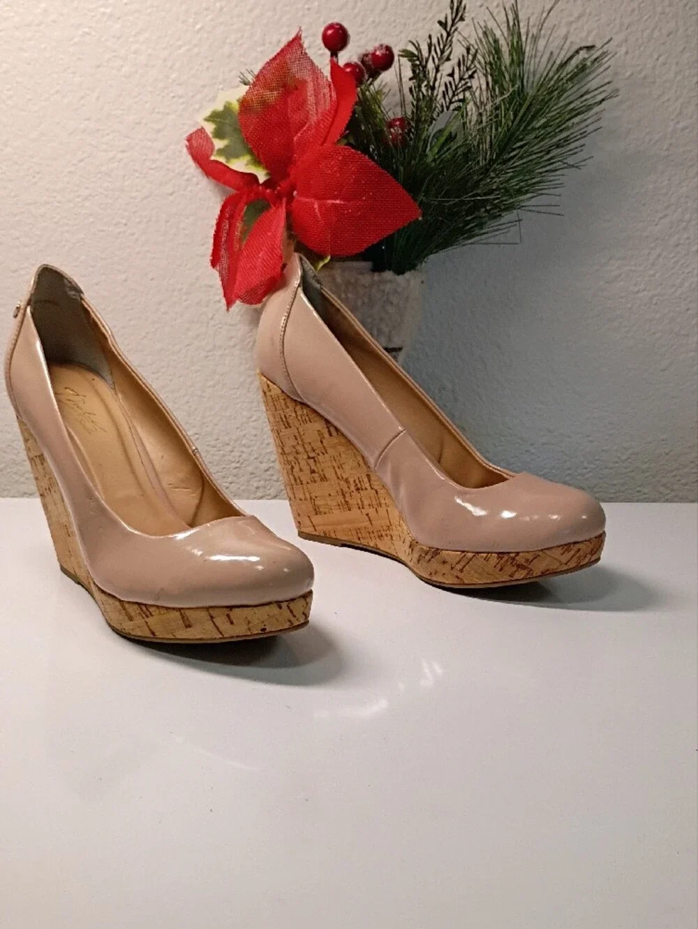 Thalia Sodi Nude Patent Platform Pumps with Cork-Style Sole